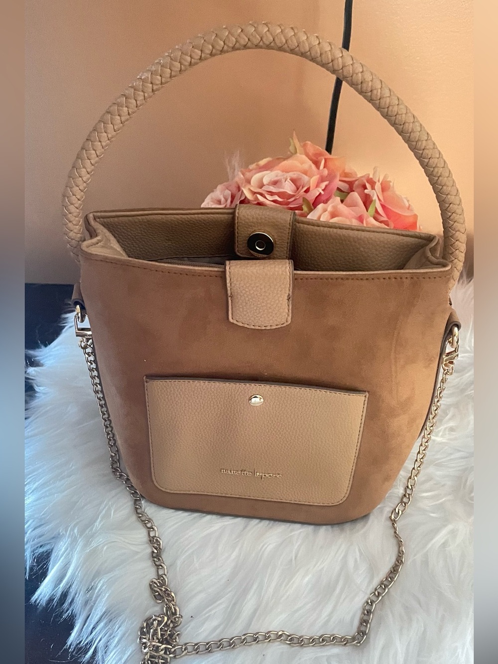 Nanette Lepore Tan Suede & Pebbled Leather Bucket Bag with Gold Chain